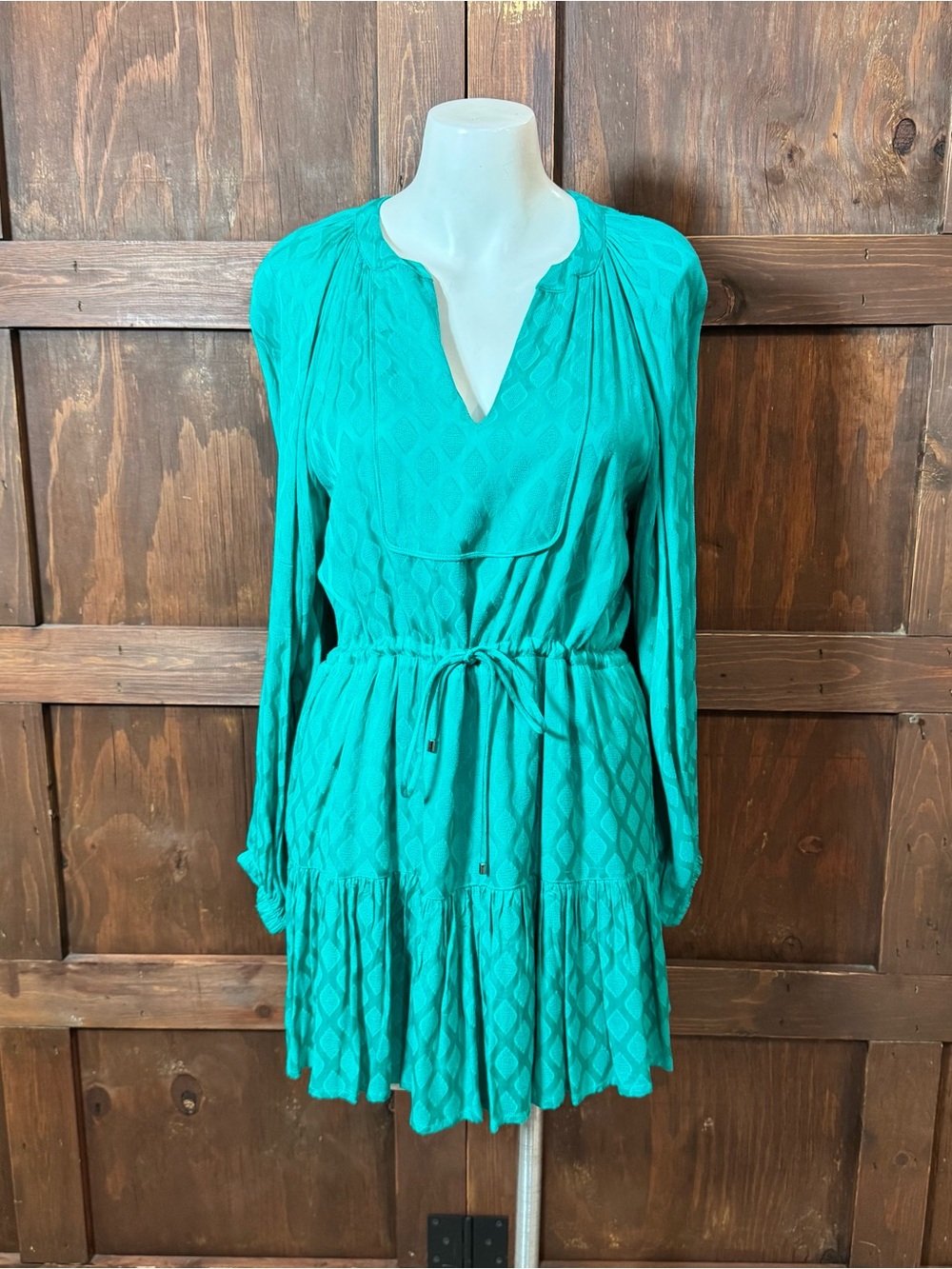 Karina Grimaldi Teal Long-Sleeve Tiered Drawstring Waist Dress